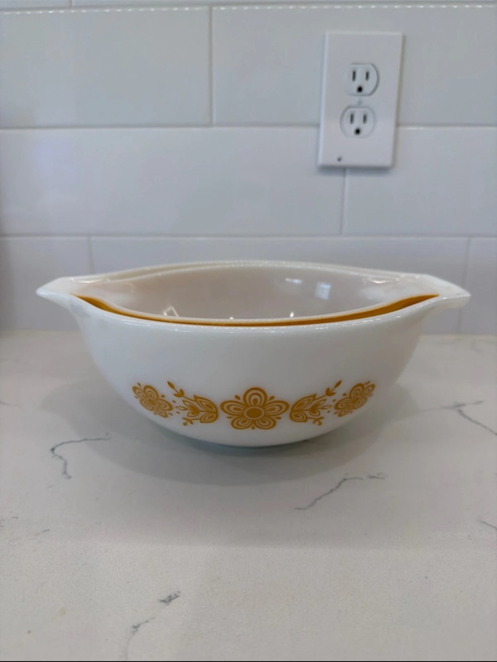 Vintage Pyrex Cinderella White Bowl 1970s with Yellow Floral Trim